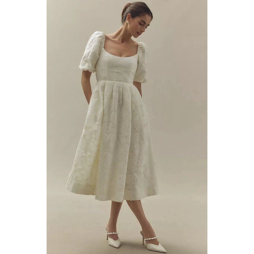 Ivory Puff-Sleeve Midi Dress with Square Neck
